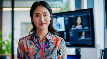A petite Asian woman in a colorful blouse engaging with a client through video chat in front of a large monitor in a fast-paced tech office, demonstrating adaptability and quick solutions.