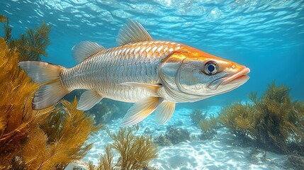 Fototapeta premium A Golden Fish Swimming in a Sea of Blue