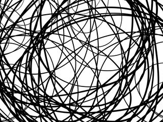 Black tangled thread background. Circular abstract pen stroke vector illustration, on a white background. Tangled scribbles hand drawn doodles. Vector illustration isolated on white background.