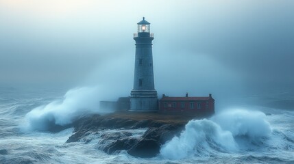 A lighthouse stands resilient against crashing ocean waves.