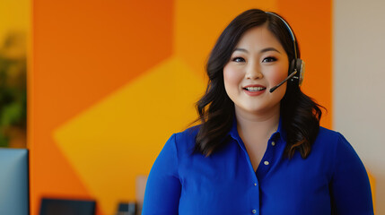 A plus-size Asian woman in a bold royal blue blouse, wearing a headset and communicating effectively in a dynamic office filled with bright orange and yellow accents, highlighting diversity 