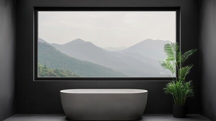 Fototapeta premium Minimal container bathroom with concrete countertops, large window facing a misty mountain range, serene