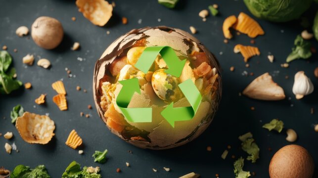 Conceptual illustration of a globe surrounded by wasted food, with green arrows symbolizing recycling and sustainability