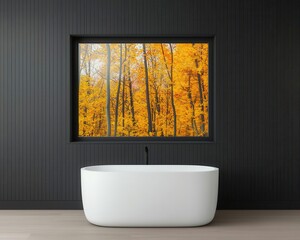 Compact container bathroom, clean lines, large window overlooking a vibrant autumn forest, cozy...