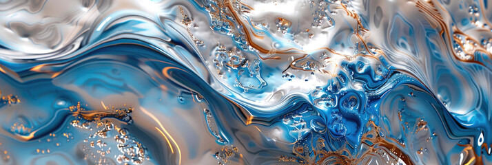 Fluid patterns in shades of blue and gold create mesmerizing abstract background, evoking sense of movement and depth. interplay of colors and textures adds dynamic feel to composition