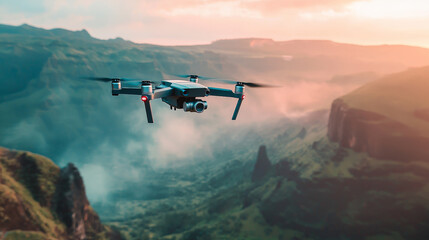Fototapeta premium A drone capturing aerial footage of a landscape, representing AI-driven technology in photography and surveillance