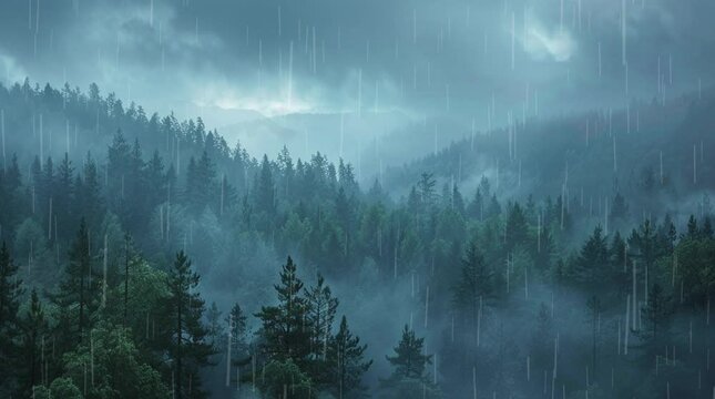 A lush forest landscape enveloped in gentle rain, showcasing vibrant greenery and a serene atmosphere perfect for reflection and tra Seamless looping 4k time-lapse virtual video animation Generated AI