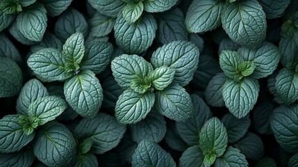 A Lush Display of Deep Green Mint Leaves, Revealing the Intricate Veining and Texture of Nature's Aromatic Bounty
