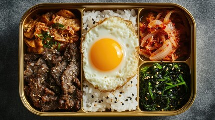 Korean Dosirak lunchbox with sections of rice, marinated bulgogi, spicy kimchi, a runny sunny-side egg, and roasted laver, served in a traditional gold metal box
