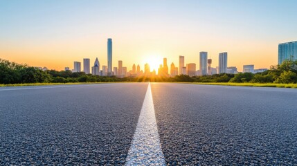 A stunning view of a city skyline at sunset, with a clear road leading towards the horizon, symbolizing adventure and exploration.