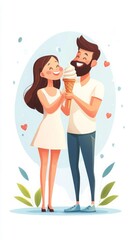 Happy couple enjoying an ice cream cone on a summer day, flat design, side view, summertime theme, water color, Complementary Color Scheme