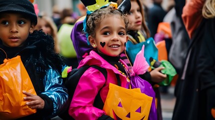 Halloween Parade with Children in Costumes