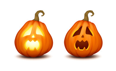 Scared glowing and dark jack o lanterns realistic color icons set. Halloween celebration pumpkins 3d characters illustrations on white