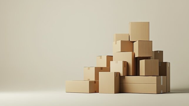 Large and small cardboard boxes stacked on top of each other on a neutral background, representing packaging supplies, warehousing, and delivery services