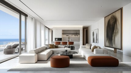 Large, luxurious living room mockup with modern interior design, digitally generated in 3D, showcasing bright, spacious areas with sleek, stylish furnishings