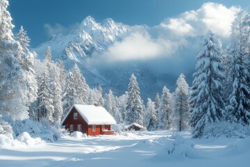 Snowy Landscape with Cabin, Snow-Covered Trees, and Cloudy Sky in Winter Wonderland