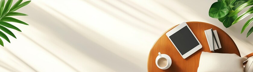 Relaxed home office with comfy chair, tablet, and books, flat design, top view, relaxed theme, water color, Complementary Color Scheme