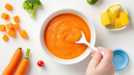 A vibrant bowl of carrot and vegetable puree, perfect for healthy baby food. Fresh ingredients visible around the bowl.