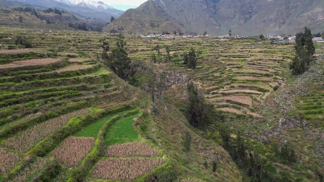 Flyover pre-Inca terrace fields at Cabanaconde in southern Peru