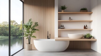Fototapeta premium Modern container bathroom, wooden shelves, large window with a view of a calm lake at sunrise, serene