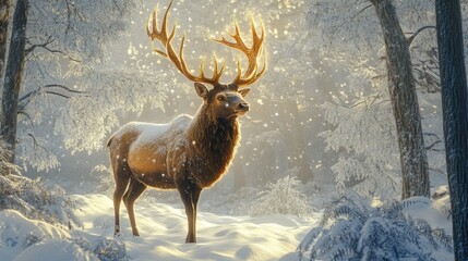 Large stag with luminous golden antlers standing among snow-laden trees, the quiet forest a backdrop to this majestic creature