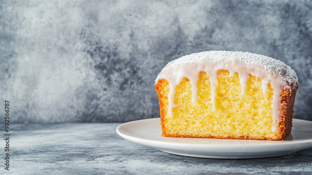 Wall mural Lemon loaf cake topped with sugar icing, resting on a white plate on a stone background. Room for text or branding in the copy space.