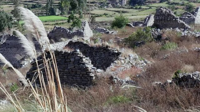 Old stone ruins of Uyo Uyo, Peru with grass blowing in foreground