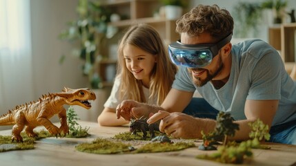 Fototapeta na wymiar A family using AR apps to explore virtual creatures in their living room, combining entertainment with innovation