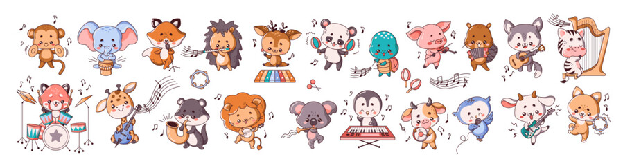 Naklejka premium Kawai animals playing musical instruments flat color vector illustration set. Funny musicians performance icons on white background collection