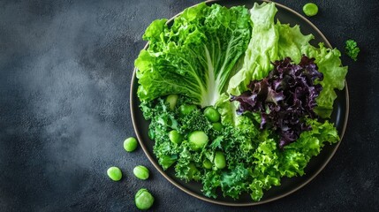 Lettuce leaves and green veggies arranged on a plate, creating a fresh and healthy salad. The vibrant greens and natural ingredients make for a nutritious and appealing meal.