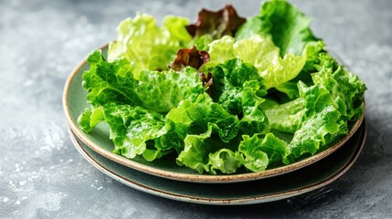 Lettuce leaves and green veggies arranged on a plate, creating a fresh and healthy salad. The vibrant greens and natural ingredients make for a nutritious and appealing meal.