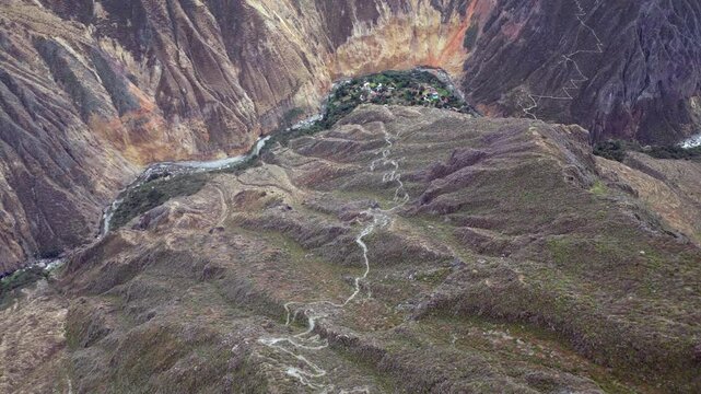 Aerial looks directly down onto Sangalle Oasis in Colca Canyon of Peru