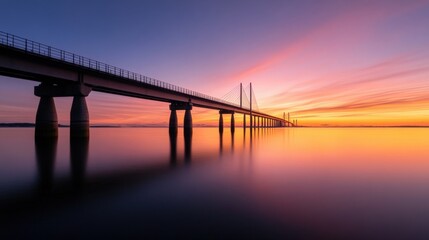 Stunning sunset view of a modern bridge reflecting in calm waters, creating a serene and picturesque landscape.