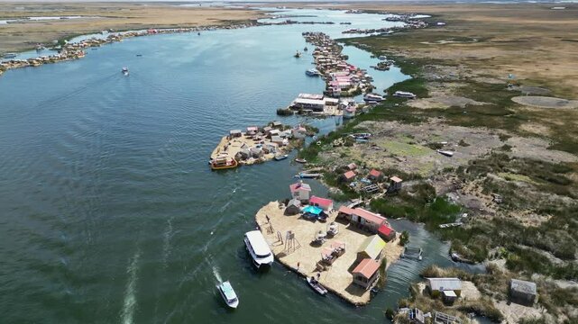 Aerial view of tourist destination, Uros Islands on Lake Titicaca Peru