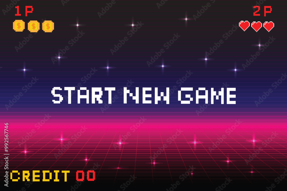 Fototapete start new game pixel art background.8 bit game. retro game. for game assets in vector illustrations.