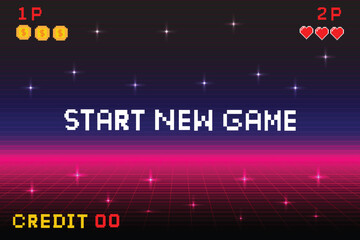 start new game Pixel art background.8 bit game. retro game. for game assets in vector illustrations. Retro Futurism Sci-Fi Background. glowing neon grid. and stars from vintagsynwap table1 start new g