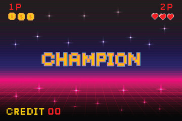 champion. Pixel art background.8 bit game. retro game. for game assets in vector illustrations. Retro Futurism Sci-Fi Background. glowing neon grid. and stars from vintagsynwap table1 start new gam