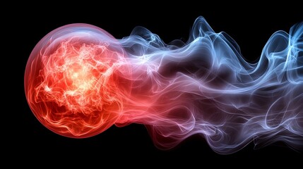Obraz premium A glowing red orb releases wispy blue smoke in a dynamic and abstract explosion against a dark backdrop.