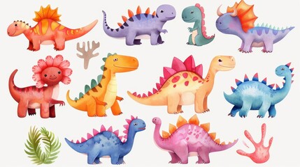 Fototapeta premium Dinosaur Alphabet Watercolor Art, Colorful illustrations of dinosaurs representing each letter of the English alphabet, Perfect for children's playroom or nursery decor, A3 size, vibrant colors