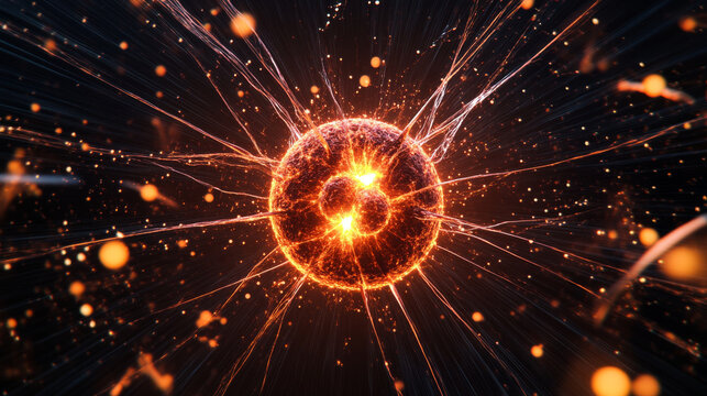A stunning artistic fusion of nuclear fission and atomic particles, showcasing vibrant energy and dynamic movement. This image captures essence of scientific phenomena in visually striking manner