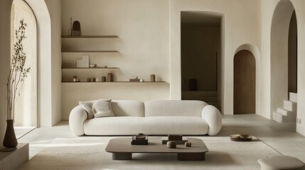 Living room interior with a minimalist sofa, open shelving, and neutral color palette, creating a calm and sophisticated space
