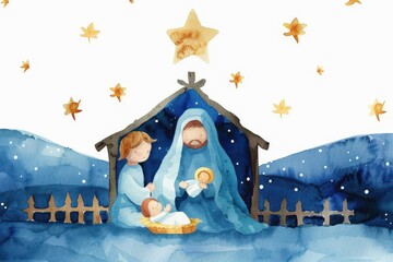 Watercolor Nativity Illustration, depicting Virgin Mary, Jesus Christ, Joseph, and the Star of Bethlehem, perfect for Christmas greeting cards and seasonal celebrations.