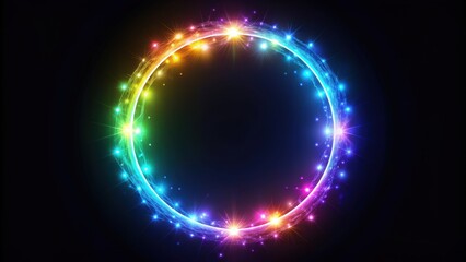 Obraz premium Brightly glowing iridescent thin circle of light on a black background, black hole, portal, colorful, glowing, iridescent, thin