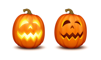 Jack-o-lanterns with carved sharp teeth realistic color icons set. Festive mischievous pumpkins 3d characters illustrations on white background