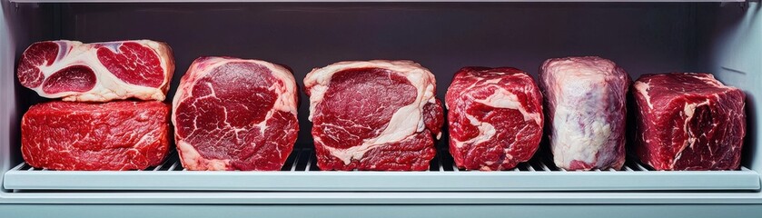 Assorted cuts of fresh meat displayed in a refrigerator, showcasing rich colors and textures for culinary inspiration.