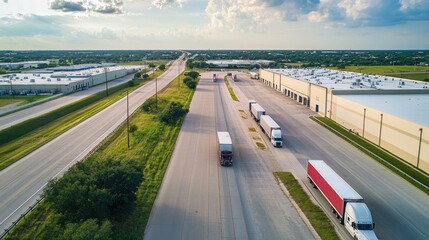 Fototapeta premium Logistic warehouse near a highway, with semi-trailer trucks and green suburban surroundings, aerial view, Flower Mound, Texas