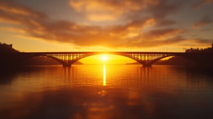 Fototapeta premium A stunning sunset over a bridge, reflecting vibrant colors on the calm water below, creating a serene and picturesque scene.