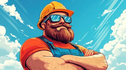 A strong construction worker dons safety gear, with a broad smile and a trustworthy demeanor, ready to tackle any challenge.