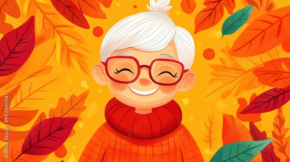 Canvas Prints A cheerful elderly woman with a stylish haircut smiles warmly against a vibrant autumn backdrop filled with red leaves.