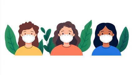 A vibrant stock illustration showing diverse individuals wearing face masks, emphasizing safety during the pandemic.
